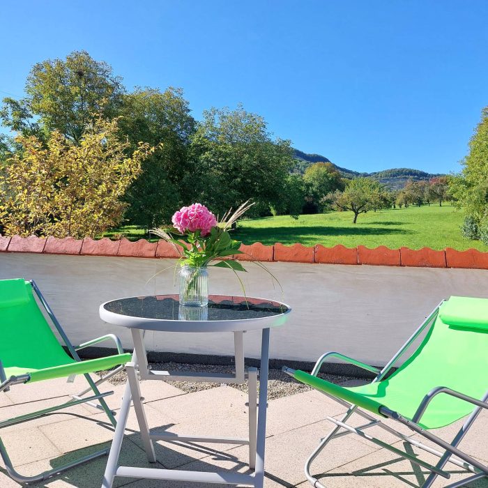 Blick von der Terrasse ins Grüne - Ferienwohnung Albblick in Neuffen